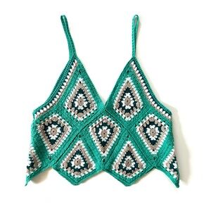Boho Turquoise Green Crochet Knit Granny Square Sweater Crop Tank Top